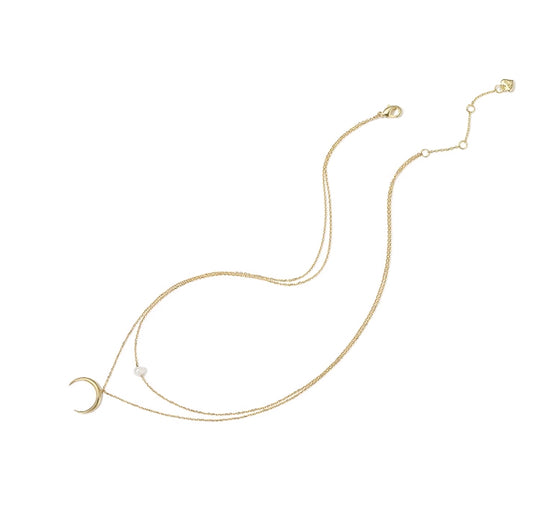 Gold Moon and Pearl Double-Layer Necklace