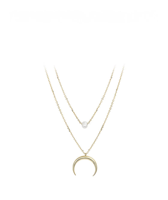 Gold Moon and Pearl Double-Layer Necklace