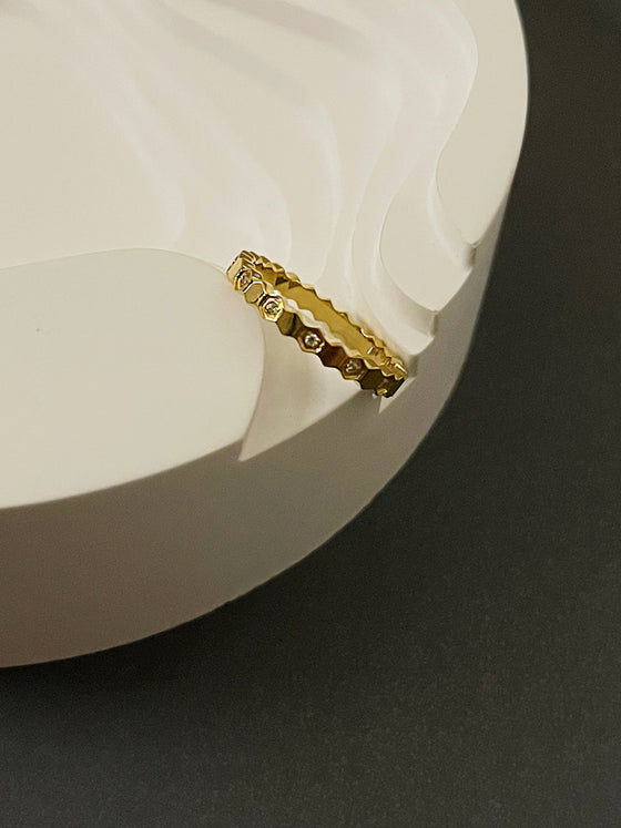 Gold Honeycomb Geometric Half Diamond Ring