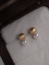 Golden Matte Brushed Ball with Pearl Earrings